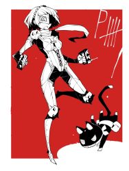Rule 34 | 10s, 1girl, :3, armor, brass knuckles, cat, dowman sayman, female focus, full body, knee pads, mask, monochrome, morgana (persona 5), niijima makoto, persona, persona 5, scarf, short hair, smile, solo, weapon, white background