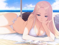 Rule 34 | 00s, 1girl, bag, beach, bikini, blonde hair, blue eyes, book, breast press, breasts, head rest, cleavage, cloud, date wingfield reiko, day, fault!!, front-tie top, game cg, large breasts, long hair, lying, magazine (object), on side, open book, outdoors, reading, side-tie bikini bottom, sky, smile, solo, swimsuit, tony taka, water