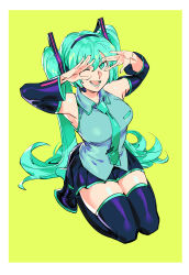 Rule 34 | 1girl, :d, absurdres, black thighhighs, boots, border, green eyes, green hair, green necktie, grey shirt, hatsune miku, headset, high heel boots, high heels, highres, kneeling, long hair, looking at viewer, microphone, miniskirt, necktie, one eye closed, open mouth, pleated skirt, ruukii drift, shirt, simple background, skirt, smile, solo, thigh boots, thighhighs, twintails, very long hair, vocaloid, white border, yellow background, zettai ryouiki