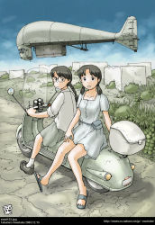 Rule 34 | 00s, 2003, 2girls, aircraft, airship, artist name, awatake takahiro, bare legs, black hair, braid, cloud, dated, day, dirigible, dress, glasses, long hair, looking at viewer, looking back, low twintails, motor vehicle, multiple girls, original, outdoors, pouch, sandals, scooter, shirt, skirt, sky, sleeves rolled up, smile, socks, twintails, vehicle, watermark, web address, white legwear