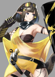 Rule 34 | 1girl, arknights, arm strap, armpits, bandeau, bare shoulders, belt, black belt, black gloves, black hair, black scarf, blue eyes, commentary request, cowboy shot, dress, eunectes (arknights), gloves, goggles, goggles on head, grey background, holding, korean commentary, parted lips, pointy ears, rankketer, scarf, see-through, short dress, short hair, simple background, snake tail, solo, standing, strapless, tail, tube top, yellow dress
