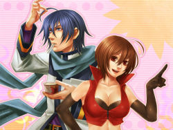 Rule 34 | 1boy, 1girl, ahoge, blue eyes, blue hair, breasts, brown eyes, brown hair, cleavage, elbow gloves, food, gloves, ice cream, kaito (vocaloid), large breasts, meiko (vocaloid), scarf, short hair, smile, uniuni, vocaloid