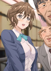 Rule 34 | 1girl, 2boys, :d, aqua bow, aqua bowtie, blouse, blurry, blurry background, bow, bowtie, breasts, brown hair, cleavage, collared shirt, depth of field, facial hair, from side, grey eyes, hair between eyes, indoors, jacket, kosokosomaru (higashi taishi), large breasts, multiple boys, old, old man, open mouth, original, school uniform, shirt, short hair, smile, standing, stubble, suit jacket, thick eyebrows, uniform, upper body, white shirt