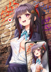 Rule 34 | 1girl, 1other, :d, absurdres, black hair, black jacket, blazer, blue bow, blue bowtie, bow, bowtie, breasts, cellphone, commentary request, facial mark, graffiti, hair intakes, hair ornament, hairclip, highres, holding, holding phone, honkai: star rail, honkai (series), jacket, looking at viewer, open clothes, open jacket, open mouth, phone, pink eyes, royboy, shirt, sidelocks, small breasts, smartphone, smile, solo focus, sparkle (honkai: star rail), speech bubble, twintails, upper body, white shirt