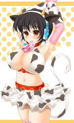 Rule 34 | 10s, 1girl, animal ears, animal print, bad anatomy, blush, breasts, brown eyes, brown hair, cleft of venus, collar, cow ears, cow girl, cow horns, cow print, cow tail, elbow gloves, female focus, gloves, headset, highres, horns, idolmaster, idolmaster cinderella girls, katsuragi niya, mouth hold, no panties, oikawa shizuku, poorly drawn, pussy, short hair, skirt, smile, solo, tail, thighhighs, ticket, uncensored