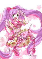 Rule 34 | 1girl, :d, bad id, bad pixiv id, bow, choker, flower, frilled skirt, frills, full body, gloves, green eyes, hair bow, happy, long hair, manaka laala, open mouth, pink bow, pink footwear, pink thighhighs, pretty series, print skirt, print thighhighs, pripara, purple hair, shoes, skirt, smile, solo, star (symbol), starry background, striped, striped bow, thighhighs, twintails, very long hair, white background, yamabukiiro