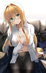 Rule 34 | 1girl, black pantyhose, blonde hair, blue ribbon, blush, breasts, buttons, collarbone, collared shirt, couch, cowboy shot, glasses, green eyes, hair between eyes, hair intakes, hair ribbon, hand on own chest, head tilt, highres, large breasts, long hair, long sleeves, looking at viewer, navel, nicky w, open clothes, panties, pantyhose, parted lips, ribbon, see-through, shirt, solo, tearju lunatique, teeth, to love-ru, to love-ru darkness, unbuttoned, unbuttoned shirt, underwear, very long hair, white panties, white shirt, white sleeves