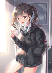 Rule 34 | 1girl, :d, backpack, bag, black jacket, black skirt, blurry, blush, breasts, brown eyes, brown hair, candy, cellphone, collared shirt, commentary request, day, depth of field, diagonal-striped neckwear, drawstring, earbuds, earphones, food, food in mouth, green necktie, hair between eyes, hand in pocket, hand up, highres, holding, holding phone, hood, hood down, hooded jacket, idolmaster, idolmaster cinderella girls, jacket, leaning back, light particles, lollipop, long hair, long sleeves, looking at viewer, mask, medium breasts, miniskirt, mole, mole under eye, mouth hold, mouth mask, necktie, open mouth, parted lips, phone, pleated skirt, sharp teeth, shirakawako, shirt, sidelocks, skirt, sleeves past wrists, smartphone, smile, solo, standing, standing on one leg, striped necktie, striped neckwear, sunazuka akira, sunlight, surgical mask, teeth, thighs, train interior, twintails, wavy hair, white shirt, window