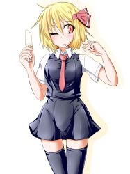 Rule 34 | 1girl, black thighhighs, blonde hair, bow, food, hair bow, kirino souya, necktie, one eye closed, popsicle, red eyes, red necktie, rumia, solo, thighhighs, tongue, tongue out, touhou