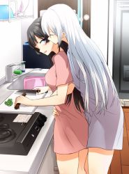 Rule 34 | 2girls, alternate costume, black hair, blush, bowl, breasts, casual, commentary request, cooking, cowboy shot, day, closed eyes, food, from side, hair down, higuchi kaede, hug, hug from behind, indoors, kiss, kissing cheek, kitchen, knife, long hair, looking at another, medium breasts, mixing bowl, mole, mole under eye, multiple girls, nijisanji, open mouth, pajamas, plate, ricochet-gou, silver hair, sleepy, standing, tsukino mito, very long hair, virtual youtuber, window, wooden floor, yuri