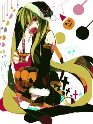 Rule 34 | 1girl, bad id, bad pixiv id, candle, candy, detached sleeves, food, green hair, halloween, hat, hatsune miku, jack-o&#039;-lantern, lollipop, long hair, mouth hold, satsuan0120, sitting, skirt, solo, thighhighs, twintails, very long hair, vocaloid