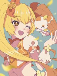 Rule 34 | 1girl, ;d, blonde hair, blush, bow, brooch, choker, collarbone, commentary request, cropped shirt, cure sunshine, flat chest, hair between eyes, hair ribbon, heart, heart brooch, heartcatch precure!, highres, jewelry, long hair, looking at another, magical girl, midriff, one eye closed, open mouth, orange bow, orange choker, orange ribbon, potpourri (heartcatch precure!), precure, puffy short sleeves, puffy sleeves, ribbon, shigen pr, shirt, short sleeves, sidelocks, smile, twintails, white shirt, wrist cuffs, yellow eyes