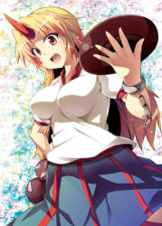 Rule 34 | 1girl, alcohol, blonde hair, bottle, breasts, chain, cup, fang, female focus, gourd, hand on own hip, hip focus, horns, hoshiguma yuugi, impossible clothes, impossible shirt, large breasts, open mouth, red eyes, sakazuki, sake, saucer, shirt, single horn, skirt, smile, solo, tekehiro, touhou