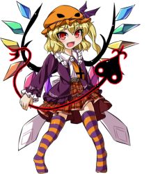 Rule 34 | 1girl, alternate costume, belt, blonde hair, fang, flandre scarlet, fun bo, hat, hat ribbon, jacket, laevatein, long sleeves, marisa to alice no cookie storia, mob cap, necktie, open clothes, open jacket, open mouth, red eyes, ribbon, sash, shirt, skirt, skull, smile, solo, striped clothes, striped thighhighs, thighhighs, touhou, wings, zettai ryouiki