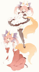 Rule 34 | 10s, 2girls, animal ears, apron, bow, dual persona, fate/extra, fate (series), fox ears, fox tail, guilty, hair bow, hair ribbon, japanese clothes, maid, maid apron, maid headdress, miko, multiple girls, ribbon, tail, tamamo no mae (fate/extra), thighhighs, tsumi guilty, twintails, yellow eyes