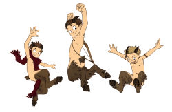 Rule 34 | 3boys, animal ears, bow (weapon), brown hair, folder (69loremipsum), full body, grin, highres, horns, light brown hair, looking at viewer, male focus, monster boy, multiple boys, navel, nipples, nude, open mouth, original, satyr, scarf, simple background, smile, tail, weapon, white background