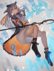 Rule 34 | 1girl, aito, arknights, armband, bird, bright pupils, dress, feather trim, flying animal, full body, goggles, goggles around neck, highres, holding, holding goggles, holding staff, jacket, light smile, looking at viewer, orange ribbon, orange socks, owl, ptilopsis (arknights), ribbon, smile, socks, solo, spirit, staff, white dress, white hair, white pupils