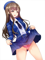 Rule 34 | 1girl, bad id, bad pixiv id, beret, black necktie, blue hat, blue jacket, blue skirt, blunt bangs, bow, bow panties, breasts, bright pupils, brown eyes, brown hair, buttons, cameltoe, clothes lift, collared shirt, commentary request, cowboy shot, dress shirt, dutch angle, from below, gluteal fold, half-closed eyes, hat, head tilt, highres, idolmaster, idolmaster cinderella girls, jacket, legs apart, lifting own clothes, lipstick, long hair, long sleeves, looking down, makeup, medium skirt, mizumoto yukari, necktie, okuri banto, open clothes, open jacket, open mouth, panties, parted bangs, pink bow, pink lips, pink panties, shirt, sidelocks, simple background, skirt, skirt lift, small breasts, smile, solo, standing, striped clothes, striped jacket, striped skirt, treble clef, underwear, white background, white shirt