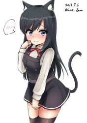 Rule 34 | 1girl, animal ear fluff, animal ears, asashio (kancolle), belt, black dress, black hair, black thighhighs, blue eyes, blush, buttons, cat ears, cat tail, collared shirt, dated, dress, embarrassed, hand on own cheek, hand on own face, hand up, kantai collection, kemonomimi mode, long hair, long sleeves, looking at viewer, neck ribbon, nose blush, pinafore dress, red ribbon, ribbon, rokosu (isibasi403), school uniform, shirt, simple background, sleeveless, sleeveless dress, solo, spoken blush, tail, thighhighs, twitter username, white background, white shirt, zettai ryouiki