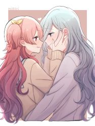 Rule 34 | 2girls, absurdres, blue hair, doraimon0312, hand on another&#039;s cheek, hand on another&#039;s face, highres, hinomori shizuku, imminent kiss, long hair, long sleeves, looking at another, momoi airi, multiple girls, pink hair, project sekai, smile, yuri