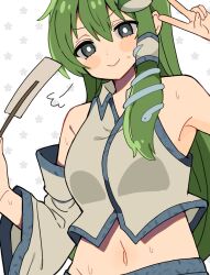 Rule 34 | 1girl, bare shoulders, blue sky, breasts, closed mouth, collared shirt, commentary request, crop top, detached sleeves, frog hair ornament, gohei, green eyes, green hair, groin, hair ornament, happy, highres, holding, holding gohei, kochiya sanae, long hair, long sleeves, medium breasts, midriff, navel, oonusa, shino8504, shirt, simple background, single hair ring, single sidelock, sky, sleeveless, sleeveless shirt, smile, snake hair ornament, solo, sweat, touhou, v, very long hair, white background, white shirt, white sleeves, wide sleeves