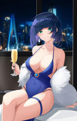 Rule 34 | 1girl, absurdres, alternate costume, bad id, bad pixiv id, bare shoulders, black hair, blue dress, blue hair, bob cut, breasts, cleavage, collarbone, cup, dress, drinking glass, duplicate, feather boa, genshin impact, green eyes, grin, highres, holding, holding cup, jewelry, jiang ye kiri, large breasts, looking at viewer, mole, mole on breast, multicolored hair, one-piece swimsuit, pixel-perfect duplicate, short hair, sitting, smile, solo, swimsuit, thigh strap, wine glass, yelan (genshin impact)