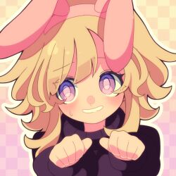 Rule 34 | animal ear hairband, animal ears, blonde hair, checkered background, curly hair, double-parted bangs, eyelashes, facing viewer, fake animal ears, flipped hair, gradient background, hair between eyes, hairband, head tilt, headband, highres, long sleeves, looking to the side, lop rabbit ears, medium hair, nervous, nervous smile, nervous sweating, outline, parted lips, paw pose, pink headband, puffy long sleeves, puffy sleeves, purple background, purple eyes, purple sweater, rabbit ears, rueruechn, shadow, sidelocks, smile, sweat, sweater, tareme, teeth, turtleneck, turtleneck sweater, unusually open eyes, upper body, urotsuki, white outline, yume 2kki