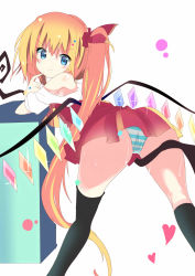 Rule 34 | 1girl, absurdres, alternate eye color, ass, blonde hair, blue eyes, blush, crystal, cube, finger to mouth, flandre scarlet, hair ribbon, heart, highres, laevatein, leaning on object, legs, long hair, looking at viewer, off shoulder, panties, petite, ribbon, short hair, short hair with long locks, side ponytail, solo, striped clothes, striped panties, suggestive fluid, sweat, te toga, team shanghai alice, thighhighs, thighs, touhou, underwear, very long hair, wavy mouth, wings