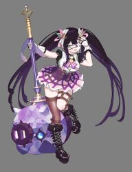 Rule 34 | 1girl, 2dtuna, absurdres, asymmetrical legwear, belt, black footwear, boots, breasts, brown dust 2, brown thighhighs, corset, cross-laced footwear, eyepatch, frilled skirt, frills, full body, grey background, hair ornament, hammer, hand in own hair, highres, holding, holding hammer, huge weapon, jewelry, knee boots, large breasts, layla (brown dust), long hair, looking at viewer, pendant, pink eyes, pink skirt, platform boots, platform footwear, purple corset, purple hair, simple background, skirt, smile, solo, standing, standing on one leg, thigh belt, thigh strap, thighhighs, twintails, very long hair, weapon