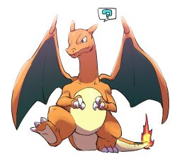 Rule 34 | ?, charizard, claws, closed mouth, commentary request, creatures (company), fangs, fangs out, fire, fire, flame-tipped tail, full body, game freak, gen 1 pokemon, green eyes, highres, leg up, morio (poke orio), nintendo, no humans, pokemon, pokemon (creature), simple background, solo, spoken question mark, standing, standing on one leg, white background
