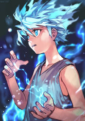 Rule 34 | 1boy, aura, child, electricity, fighting stance, glowing, glowing eyes, hungry clicker, hunter x hunter, killua zoldyck, lightning, looking to the side, male focus, powering up, shirt, short hair, shorts, solo, spiked hair, upper body