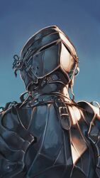 1other ambiguous_gender armor breastplate commentary english_commentary from_below full_armor helm helmet highres knight nameno92372763 original pauldrons shoulder_armor