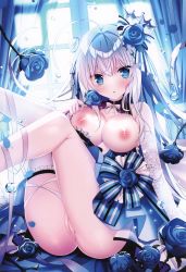 Rule 34 | 1girl, absurdres, ahoge, ass, blue eyes, blue flower, blush, breasts, breasts out, cleft of venus, clothes lift, collarbone, crown, eyebrows, eyelashes, female focus, flower, flower on head, frilled thighhighs, frills, hair between eyes, hair ornament, highres, large breasts, legs, looking at viewer, nipples, no bra, no panties, original, pussy, raised eyebrows, shiromochi sakura, skirt, skirt lift, solo, tagme, thighhighs, thighs, uncensored, white hair, white legwear, white thighhighs
