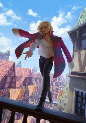 Rule 34 | 1boy, black pants, blonde hair, blue sky, checkered coat, cloud, cloudy sky, coat, coat on shoulders, commentary, english commentary, felixoesinghaus, flag, highres, house, howl (howl no ugoku shiro), howl no ugoku shiro, jewelry, long sleeves, looking at viewer, medium hair, necklace, on railing, outstretched arm, pants, railing, red coat, shirt, sky, smile, tile roof, town, walking, white shirt