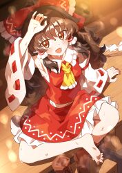 Rule 34 | 1girl, ascot, bare shoulders, blush, bow, brown eyes, brown footwear, brown hair, commission, detached sleeves, frilled skirt, frills, fuji tarawi, hair between eyes, hair bow, hair tubes, hakurei reimu, highres, japanese clothes, long hair, nontraditional miko, open mouth, red bow, red skirt, ribbon-trimmed sleeves, ribbon trim, shoes, sidelocks, skeb commission, skirt, solo, sweat, touhou, white sleeves, wide sleeves, yellow ascot