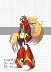 Rule 34 | 1boy, absurdres, alternate costume, android, blonde hair, blue eyes, boots, chest jewel, commentary request, forehead jewel, hands in pockets, helmet, highres, jacket, long hair, mega man (series), mega man x (series), open clothes, open jacket, ponytail, red footwear, red headwear, red jacket, simple background, solo, twitter username, watermark, white background, yamanashi taiki, zero (mega man)