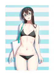 Rule 34 | 1girl, arms at sides, bag, bare arms, bare shoulders, bikini, black bikini, black hair, blue-framed eyewear, blue hairband, blush, breasts, collarbone, commentary request, cowboy shot, cropped legs, glasses, green eyes, hair between eyes, hairband, head tilt, highres, kantai collection, long hair, looking at viewer, navel, ooyodo (kancolle), parted lips, semi-rimless eyewear, shoulder bag, small breasts, smile, solo, stomach, striped, striped background, swimsuit, under-rim eyewear, yuuji (and)