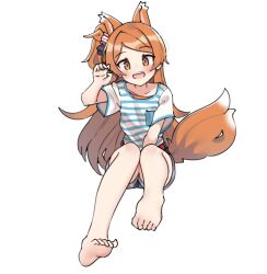 Rule 34 | 1girl, :d, aa211108, animal ears, bare legs, barefoot, blush, breasts, collarbone, dot nose, fake animal ears, fake tail, fox ears, fox tail, full body, hair ornament, high side ponytail, idolmaster, idolmaster million live!, idolmaster million live! theater days, long hair, looking at viewer, ogami tamaki, open mouth, orange hair, parted bangs, paw pose, shirt, short sleeves, shorts, sidelocks, simple background, sitting, small breasts, smile, solo, straight hair, striped clothes, striped shirt, tail, teeth, upper teeth only, very long hair, white background, yellow eyes
