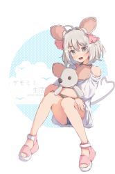 Rule 34 | 1girl, ahoge, animal ear fluff, animal ears, full body, highres, hug, jerry3912, knees together feet apart, mouse ears, mouse tail, hugging object, open mouth, original, pink footwear, shirt, shoes, short hair, short shorts, shorts, grey eyes, silver hair, sitting, smile, solo, stuffed animal, stuffed toy, tail, thighs, toes, white shirt