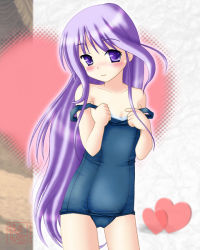 Rule 34 | 00s, 1boy, clothes pull, crossdressing, halftone, halftone background, happiness!, male focus, neopure, one-piece swimsuit, one-piece swimsuit pull, purple eyes, purple hair, school swimsuit, solo, swimsuit, trap, undressing, watarase jun