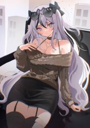 Rule 34 | 1girl, azur lane, black choker, black hair, black skirt, black thighhighs, blue eyes, breasts, choker, chromatic aberration, city, cleavage, collarbone, commentary, elbe (azur lane), elbe (pure-hearted bad girl) (azur lane), eyewear on head, garter straps, gradient eyes, grey hair, head tilt, highres, indoors, jewelry, komuer, large breasts, long hair, looking at viewer, medium breasts, multicolored eyes, multicolored hair, nail polish, necklace, off-shoulder sweater, off shoulder, pencil skirt, purple eyes, sitting, skirt, solo, streaked hair, sunglasses, sweater, symbol-only commentary, thighhighs, two side up, very long hair, window