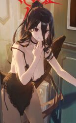 Rule 34 | 1girl, absurdres, bare arms, bare shoulders, black hair, black wings, blue archive, blush, breasts, camisole, choker, closed mouth, collarbone, cowboy shot, eating, feathered wings, food, food on face, hair between eyes, halo, hasumi (blue archive), high ponytail, highres, indoors, large breasts, long hair, looking at viewer, low wings, modare, mole, mole under eye, red eyes, solo, standing, sweatdrop, very long hair, wings