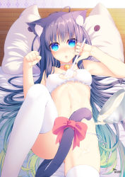 Rule 34 | 1girl, :o, animal ears, antenna hair, aoi banri, bare shoulders, bed, bed sheet, bell, between breasts, blue eyes, blush, bow, bowl, bra, breasts, cat cutout, cat ear panties, cat ears, cat lingerie, cat tail, choker, cleavage, cleavage cutout, clothing cutout, collarbone, covered erect nipples, cream, dripping, fingernails, frilled bra, frills, gradient hair, green hair, head tilt, highres, holding, indoors, jingle bell, knee up, long hair, looking at viewer, lying, meme attire, midriff, multicolored hair, navel, on back, on bed, original, panties, parted lips, paw pose, pillow, purple hair, red bow, ribbon, side-tie panties, small breasts, solo, spatula, stomach, tail, tail bow, tail ornament, thighhighs, thighs, underwear, valentine, very long hair, white bra, white panties, white ribbon, white thighhighs