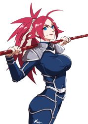 Rule 34 | 10s, 1girl, ahoge, blue eyes, bodysuit, breasts, cosplay, costume switch, cu chulainn (caster) (fate), cu chulainn (caster) (fate) (cosplay), cu chulainn (fate), cu chulainn (fate/stay night), cu chulainn (fate/stay night) (cosplay), fate/extra, fate/grand order, fate (series), francis drake (fate), gae bolg (fate), highres, kaetsai, large breasts, long hair, pink hair, ponytail, scar, signature, simple background, smile, solo, white background