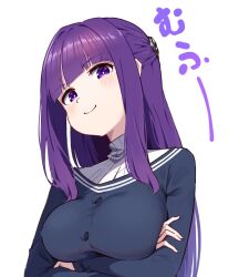 Rule 34 | 1girl, arms under breasts, black dress, blunt bangs, blush, breasts, bright pupils, closed mouth, commentary request, crossed arms, doyagao, dress, fern (sousou no frieren), half updo, highres, hyoe (hachiechi), large breasts, long hair, looking at viewer, purple eyes, purple hair, sidelocks, simple background, smile, smug, solo, sound effects, sousou no frieren, straight hair, upper body, white background, white pupils