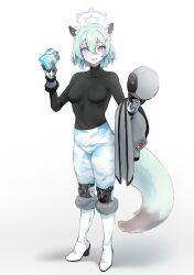 Rule 34 | 1girl, absurdres, animal ears, aqua hair, blue archive, boots, full body, highres, leggings, looking at viewer, shigure (blue archive), short hair, solo, standing, tail, ushimochi, white background, white footwear