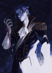 Rule 34 | 1boy, ace attorney, ascot, barok van zieks, black hair, black jacket, blood, blood on hands, blue background, blue eyes, closed mouth, cowboy shot, cross scar, gloves, hand up, highres, jacket, looking at viewer, male focus, raycrodu h, scar, scar on face, short hair, solo, standing, the great ace attorney, white gloves