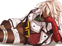 Rule 34 | 1girl, arc system works, arm support, artist name, blonde hair, breasts, govsoyn, grin, guilty gear, large breasts, legs, long hair, looking at viewer, lying, midriff, navel, ramlethal valentine, shorts, smile, solo, thick thighs, thighhighs, thighs, toned, open fly, white shorts, yellow eyes