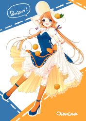 Rule 34 | 1girl, blue dress, blue eyes, breasts, clothes lift, dress, food, french text, fruit, hat, high heels, highres, long hair, miiiiiiii, nail polish, open mouth, orange (fruit), orange hair, orange socks, orangina, original, personification, puffy short sleeves, puffy sleeves, ribbon, shoes, short sleeves, skirt, skirt lift, smile, socks, solo, twintails