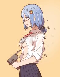 Rule 34 | 1girl, black skirt, blue hair, blush, breasts, burger hair ornament, collared shirt, dripping, electric fan, flying sweatdrops, food-themed hair ornament, glasses, hair dryer, hair ornament, hamburger-chan (hundredburger), highres, hot, navel, necktie, nns (sobchan), open clothes, open mouth, open shirt, orange eyes, original, red tie, see-through, shirt, sidelocks, simple background, skirt, sweat, unbuttoned, unbuttoned shirt, underboob, uniform, white shirt, yellow background
